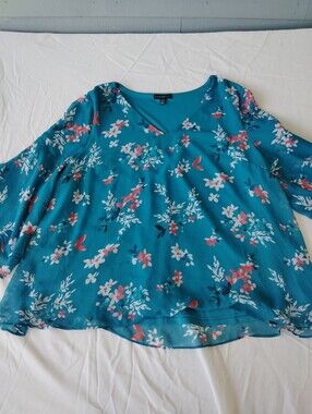 Lane Bryant Teal Floral V-Neck Peasant Blouse 18/20